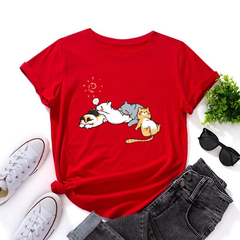T-shirt estive da donna in cotone a maniche corte e girocollo ampio con stampa di gatto che dorme