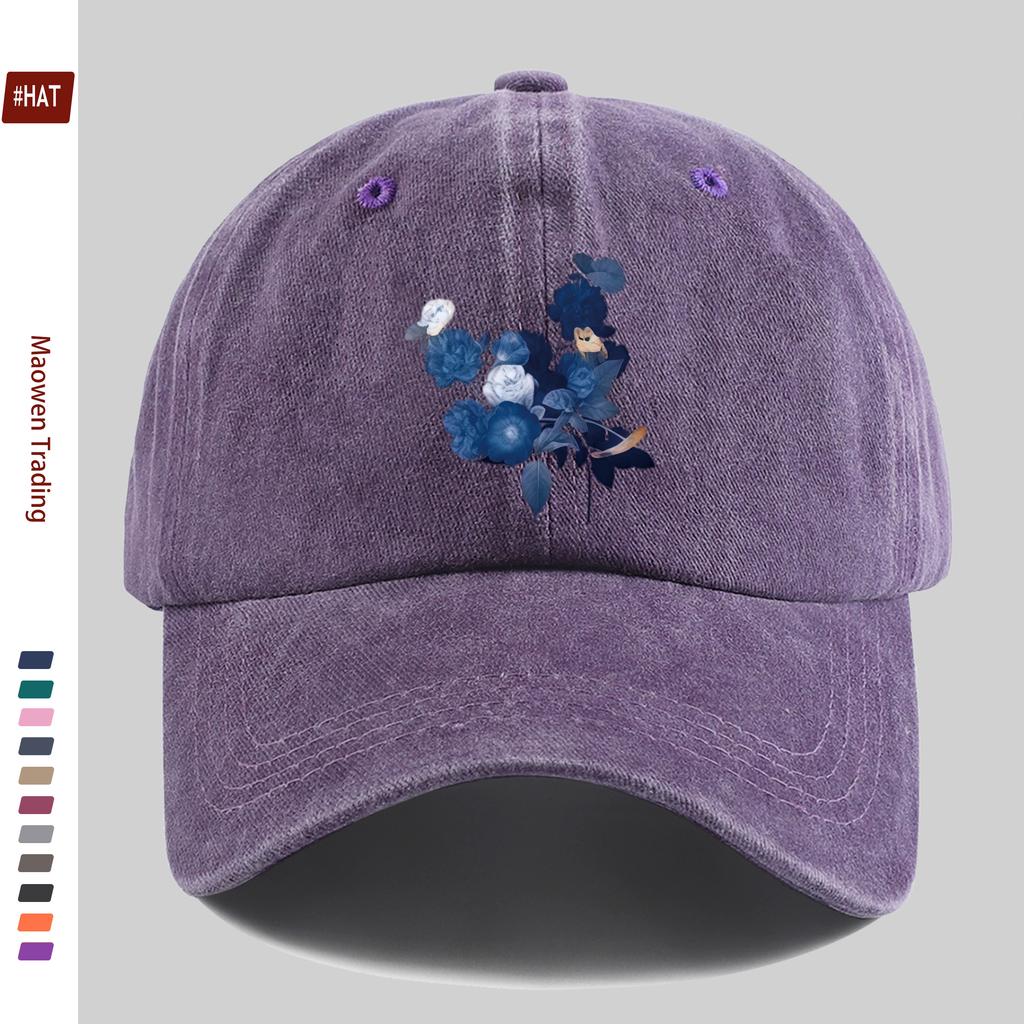 Pc Pcs Blue Floral Trucker Hat Suitable for Men Women Adjustable Washed Buckle Strap Vintage Washed Baseball Cap with Flor