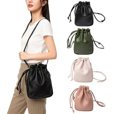 Lady Style PU Leather Drawstring Bag Candy Color Drawstring Style Crossbody Bag High Quality Mini Size Handbag Casual Wear
