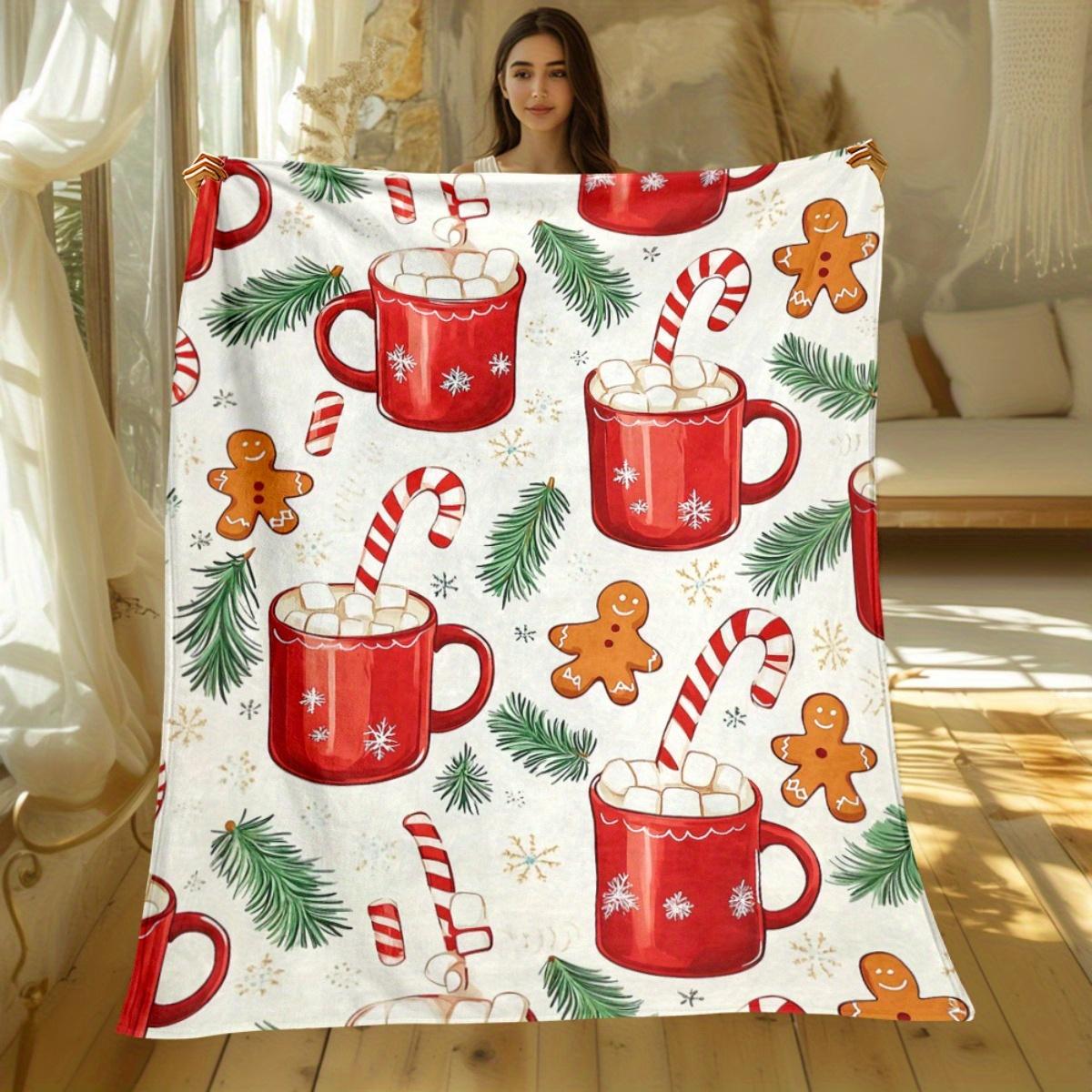 Christmas hot cocoa mug gingerbread man candy cane pine tree pattern blanket festive holiday flannel throw for winter season 75X95CM