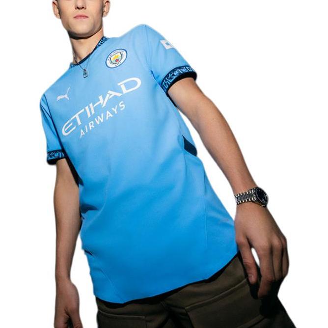 Puma Badge Print Letter Round Neck Quick-Dry Short Sleeve Soccer Jersey Manchester City Home Fan Edition Men Tops Light-Blue 775075-01