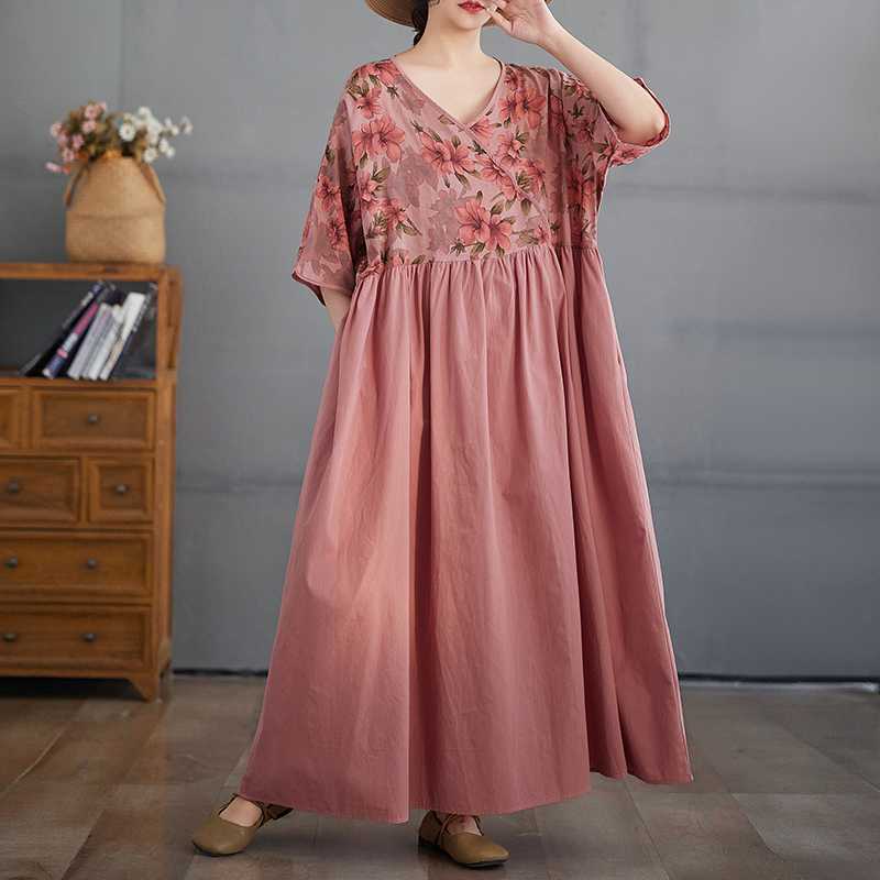 Cotton and Linen Summer Patchwork Retro Style Dress Long Skirt