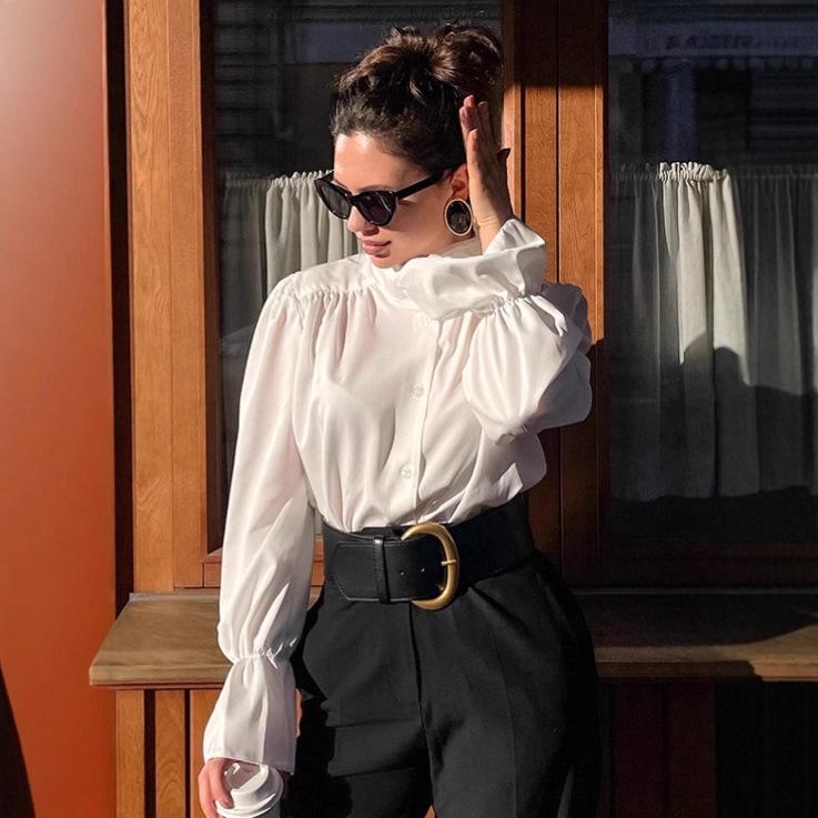 Fashion temperament French white bubble sleeve shirt women's 1116 autumn commuter cotton drape stand-up collar top women's clothing