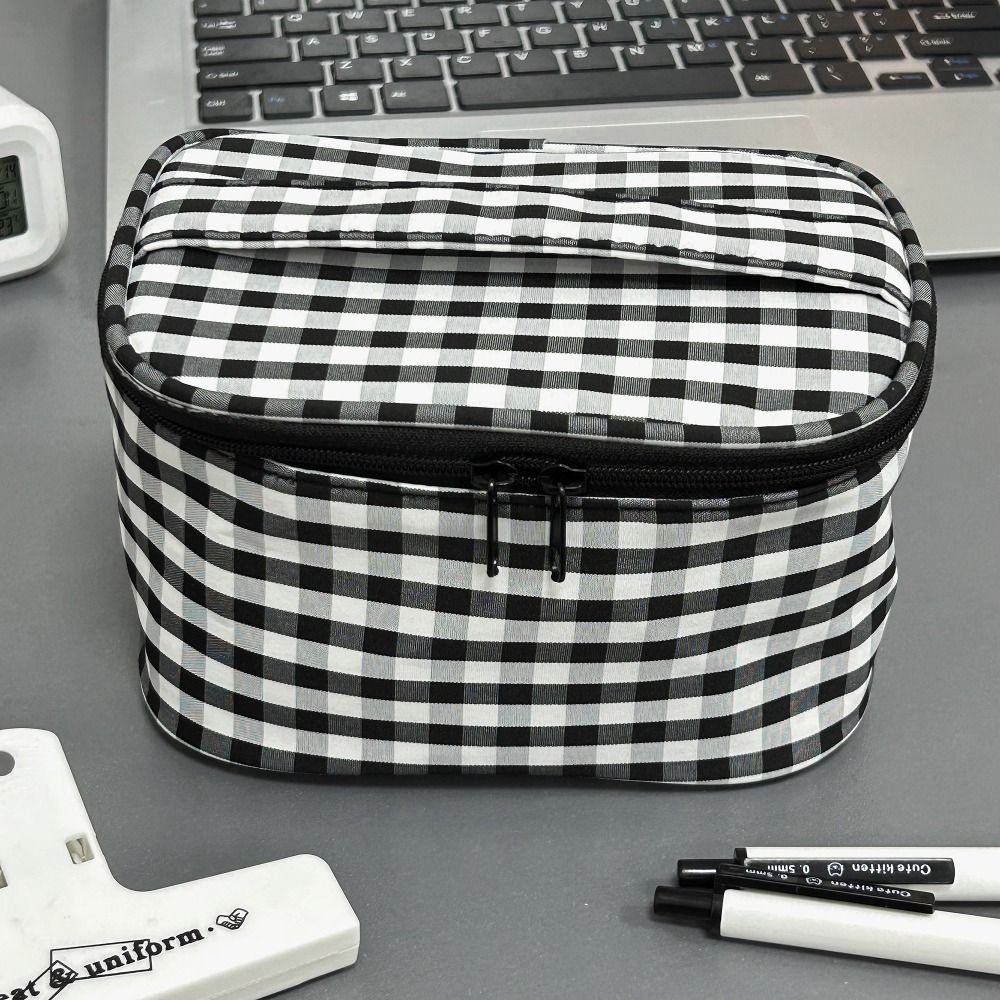 Multi-functional Red Plaid Storage Bag Handheld Zipper Design Cosmetic Pouch Makeup Bag Women Girls