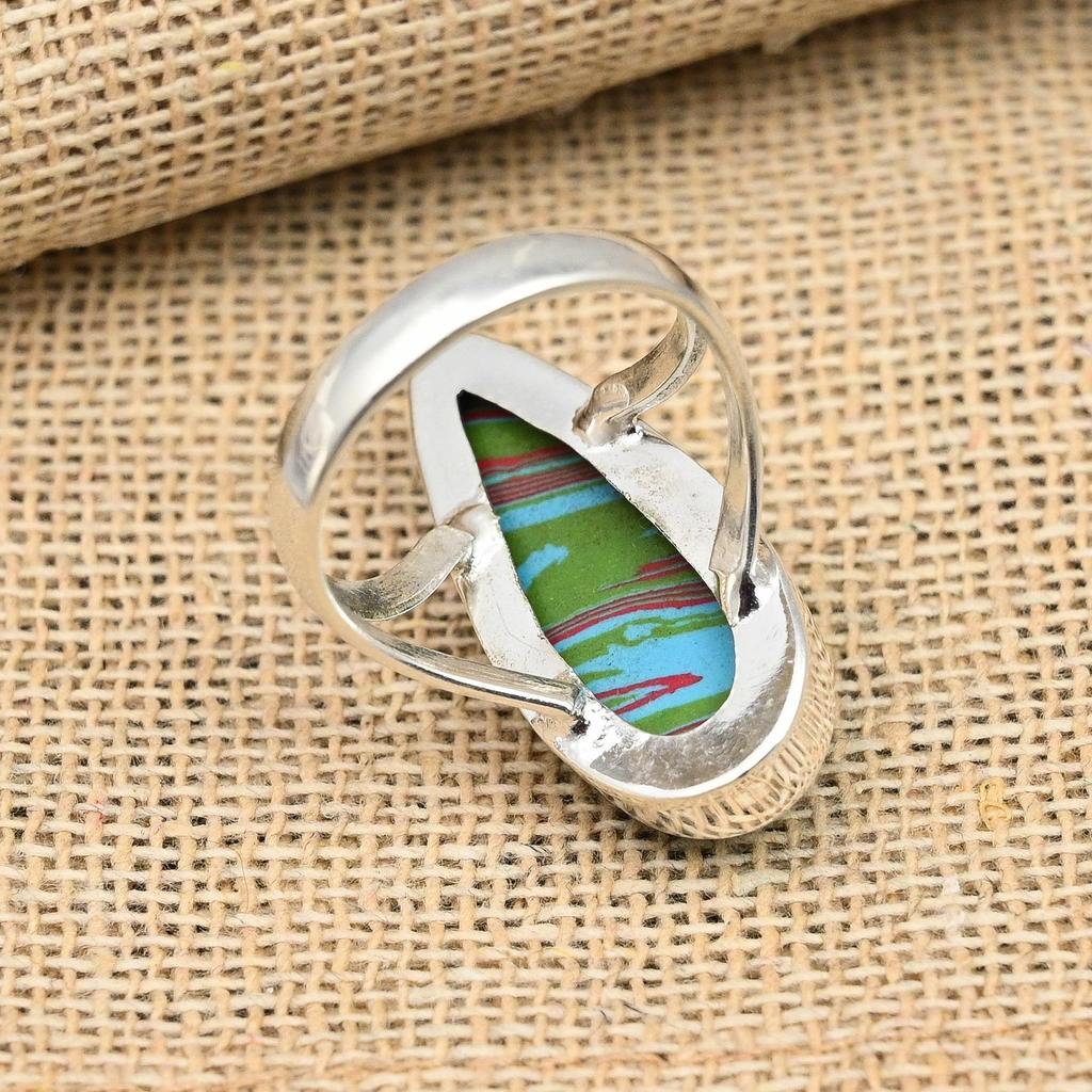 Rainbow Calsilica Gemstone Handmade 925 Sterling Silver Ring Jewelry For Thanksgiving