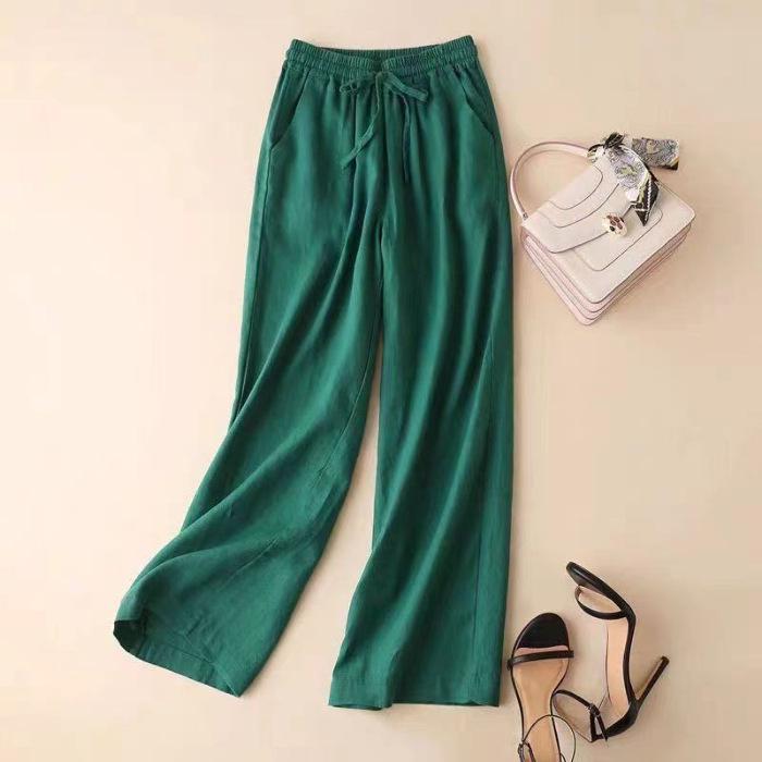Women's High-Waisted Cotton-Linen Wide-Leg Pants - 2024 Summer Slimming, Versatile, Loose, Straight-Leg Design