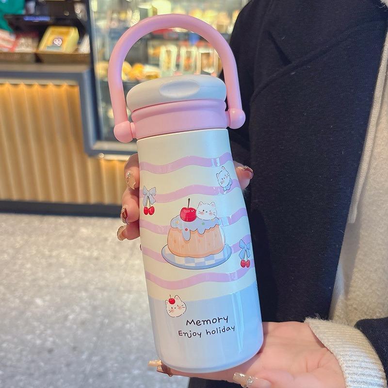 Tecknad Söt Barn Termosflaska 316 Rostfritt Stål Sugrör Vattenflaska Bärbar Dubbel Drickande Termisk Vattenkopp för Studenter
