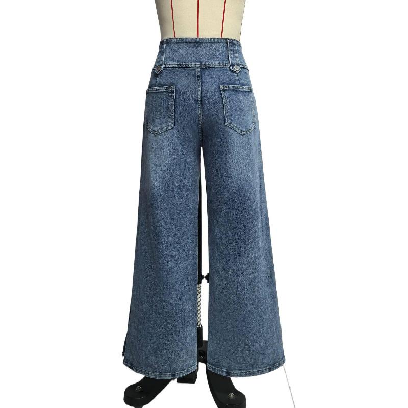 2026 Spring/Summer New Women's High-Waisted Vintage Buttoned Denim Wide-Leg Pants with Split Hem