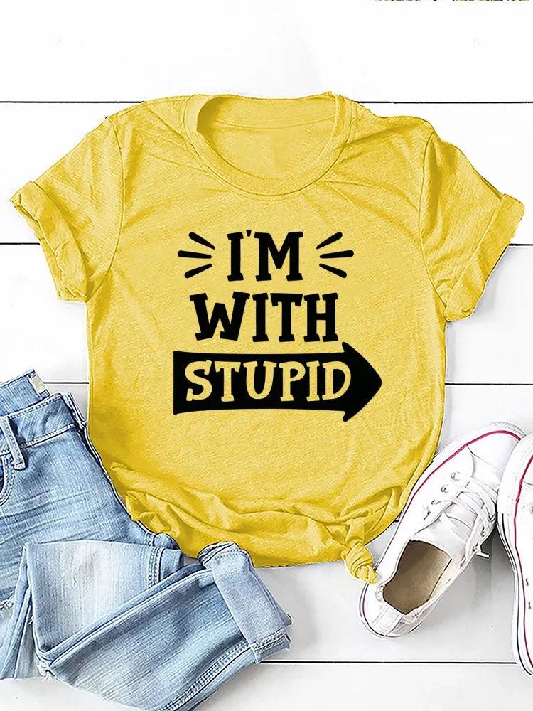 I'm with Stupid Letter Print Women T Shirt Short Sleeve O Neck Loose Women Tshirt Ladies Tee Shirt Tops Camisetas Mujer