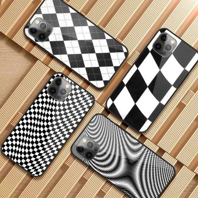 Černo-bílý šachovnicový kryt na telefon pro iPhone 13 12 11 XS X 8 7 6 Plus Mini Pro Max SE 2022 Černý PC TPU Skleněný kryt na telefon