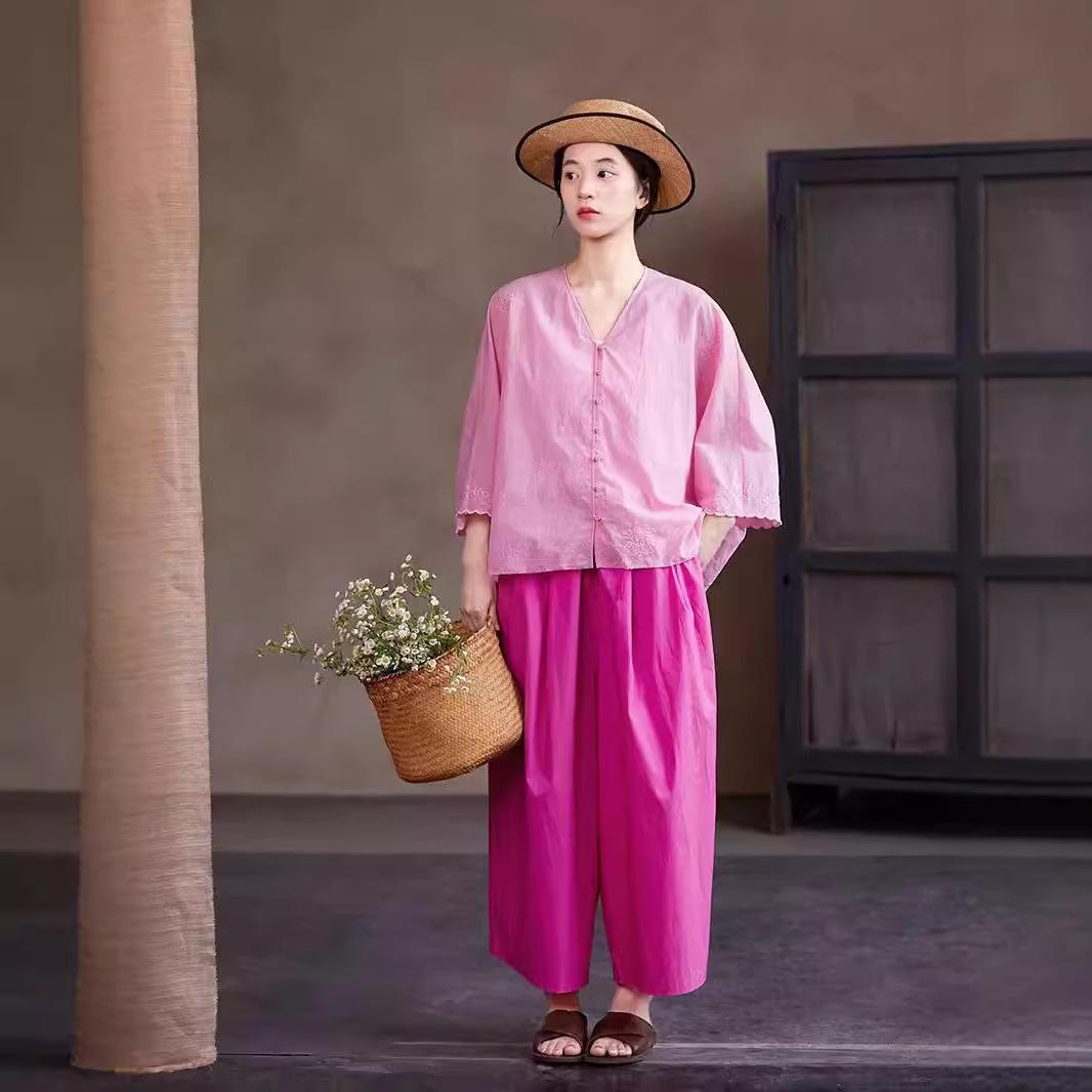 

Осенняя ретро хлопковая рубашка с вышивкой цвета бегонии M