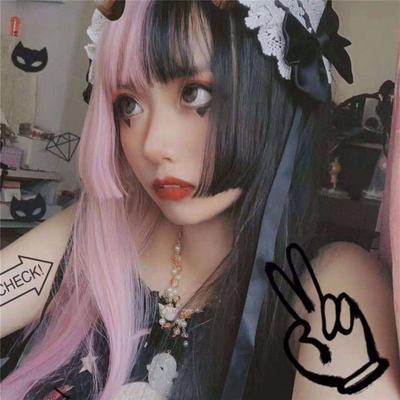 Hair Extension Synthetic Bangs Cosplay Double Color Toupee Lolita Long Straight Hair Black&pink Wig