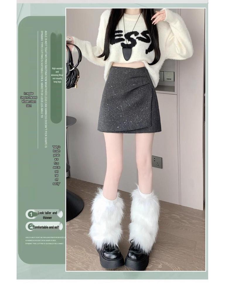 Black Sequined Woolen High-Waisted A-Line Skirt for Autumn/Winter - Slimming, Hip-Hugging, Irregular Hem, with Anti-Exposure Design.