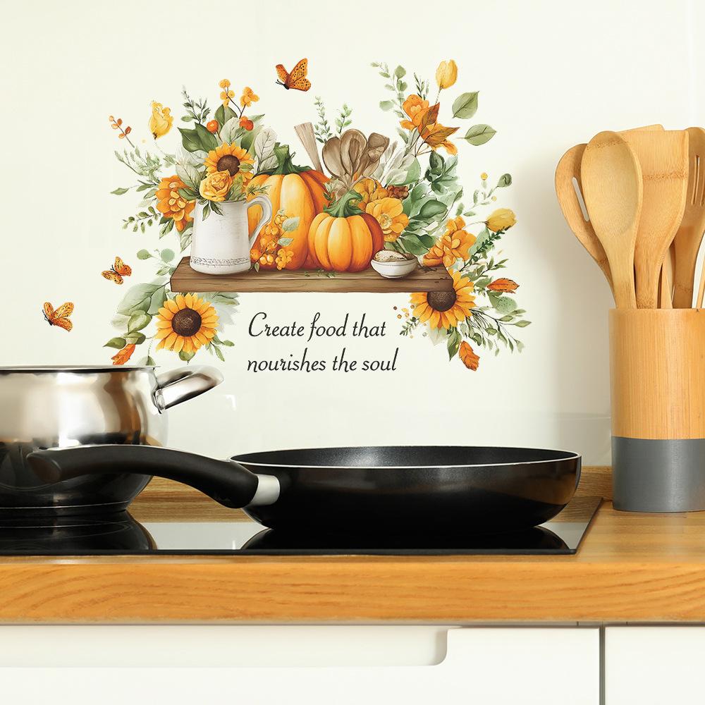 Kreative Sonnenblumen-Kürbis- und Englische Slogan-Wandaufkleber für Heimdekoration