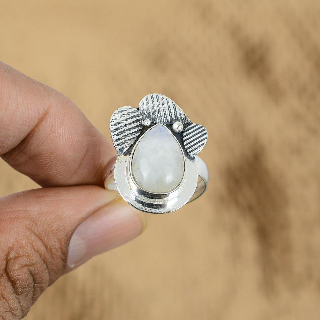 925 Sterling Silver Pear Rainbow Moonstone Stone Ethnic Statement Ring Jewelry