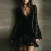 Elegant Solid Color Long Sleeve A-Line Dress With Deep V-Neck Contrast Stitching Women