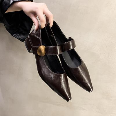 2024 High Quality Leather Elegant Buckle Pointed Toe Black High Heels Fashionable Women's Summer Single Shoes Office Shoes