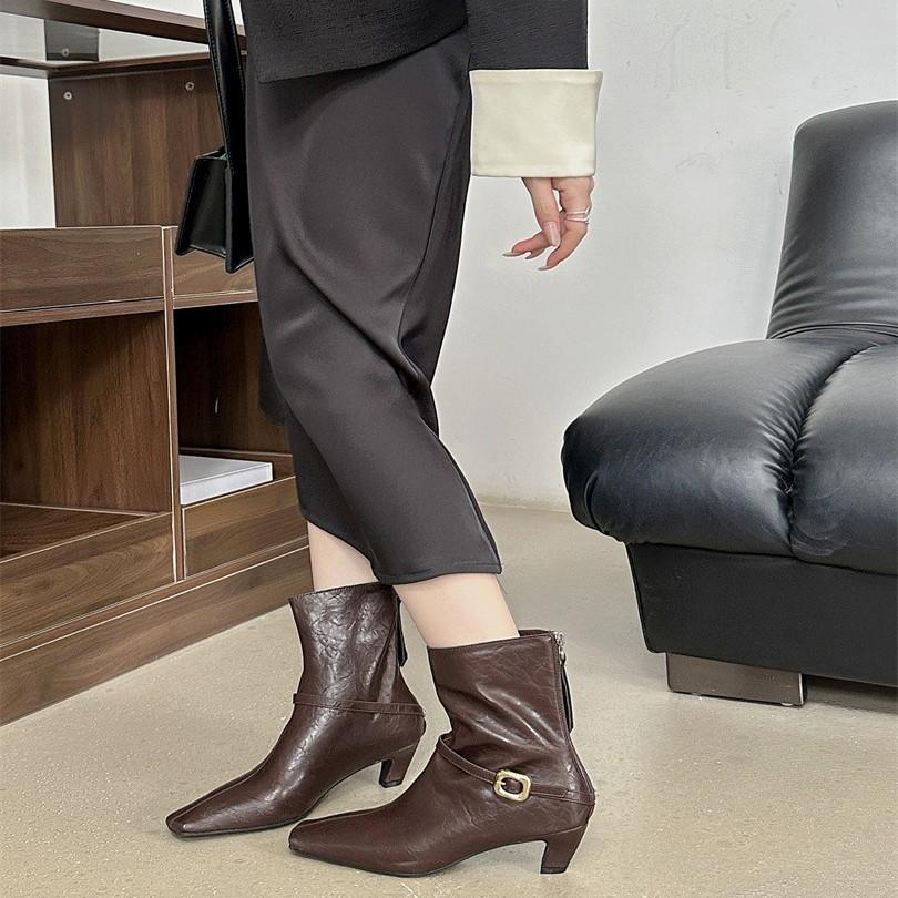 Belt Buckle and Bare Boots Women's Short Boots Autumn New Products Inside and Outside Head Middle Heel Rear Zipper Women's Single Boots
