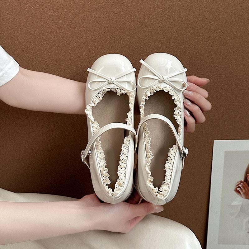 Fashion Comemore Bow Temperament High Heels Ballet Ladies Leather Shoes Retro Lace Edge Thick Middle Heel Pumps Mary Janes for Women