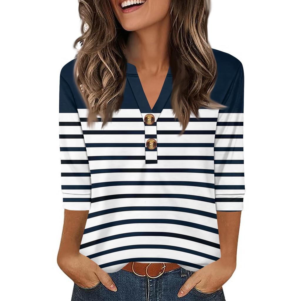 Women's Stylish Casual Striped Print Loose V-neck Button-down Shirt With Cropped Sleeves