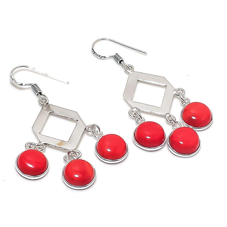 Italian Red Coral Gemstone 925 Sterling Silver Jewelry Earring 2.25" KJ-781