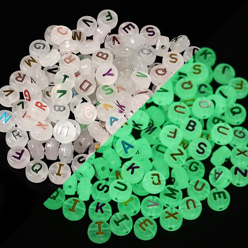 100pcs 10mm Acrylic Luminous Letter Beads Christmas Flat Round Loose Alphabet Beads For Jewelry Making DIY Bracelets Accessories