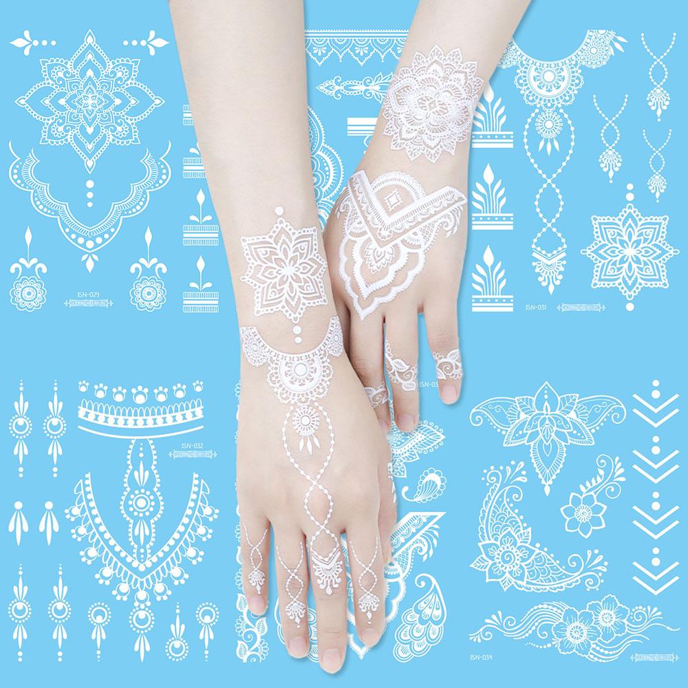 1 foaie de tatuaj temporar cu henna cu mandala albă, rezistentă la apă și durabilă