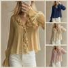 Camicetta a Blusa in Chiffon a Maniche Svasate con Scollo a V e Volant, Vita Arricciata, Colore Unito, da Donna