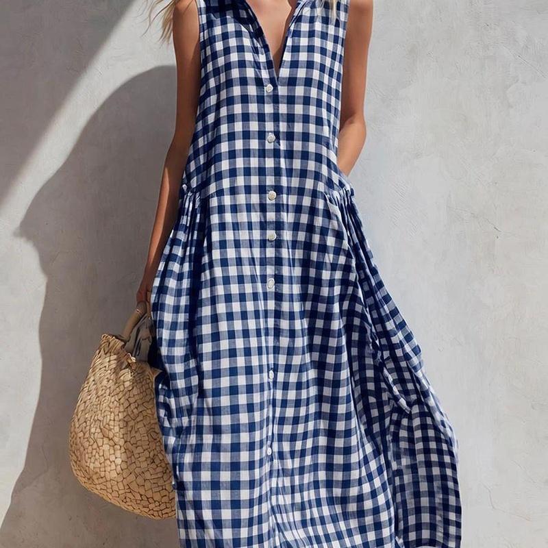 Women's Gingham Sleeveless Collared Loose Maxi Dress Casual Summer Dress