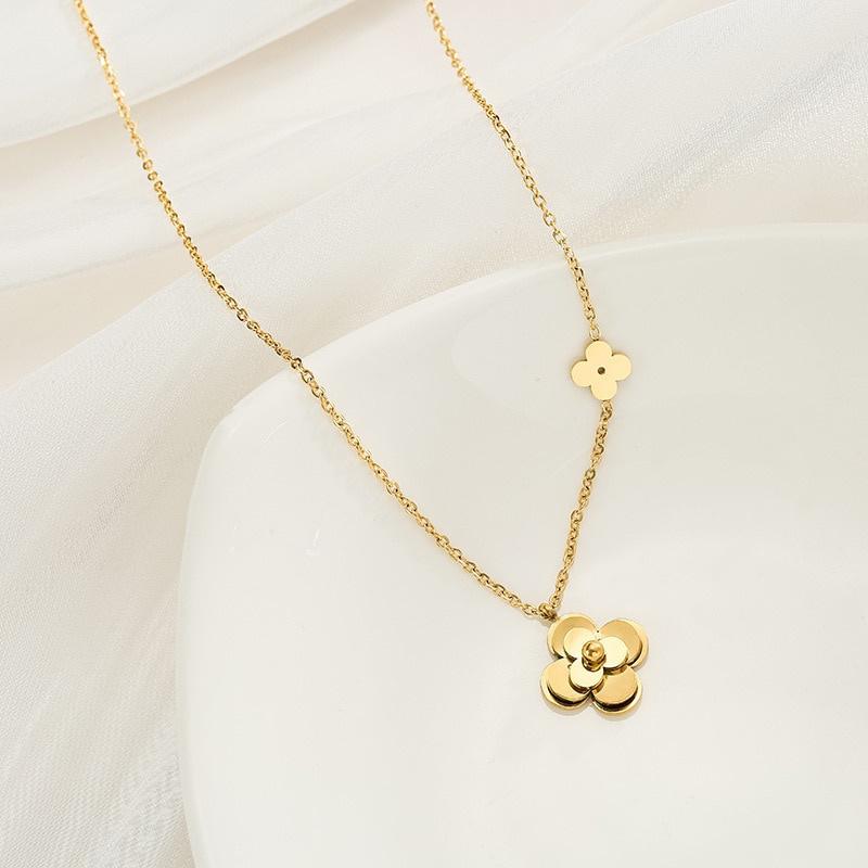 Three-dimensional Camellia Flower Golden Titanium Steel Necklace Ladies Exaggerated Personality Matching Jewelry Pendant
