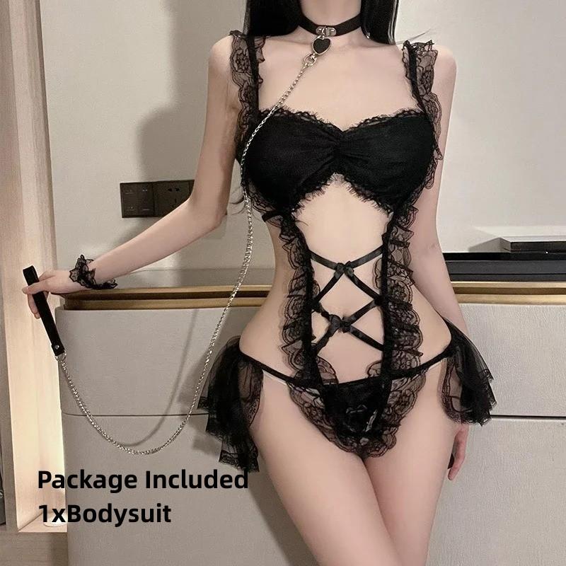 Porn Mesh Crotchless Bodysuit Women Sexy Lingerie Set Maid Dress Cosplay Costume Servant Lolita Lace Uniform Erotic Suit
