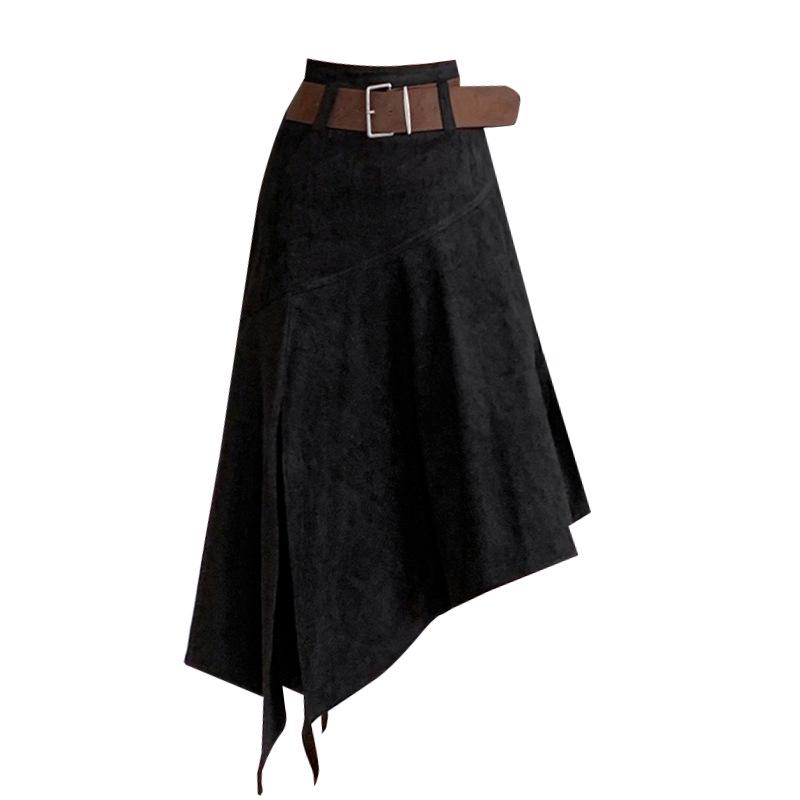 Elegant Suede Midi Skirt with Irregular Slit - Women's Autumn/Winter Fashion