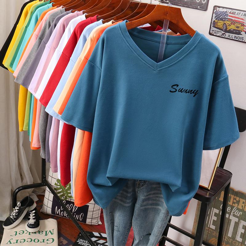 Short-sleeved T-shirt for Women Large Size Loose and Slimming Design Niche Pure Cotton V-neck Top That Covers The Belly