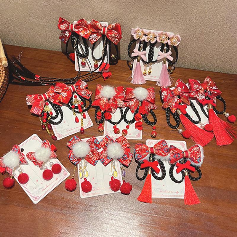 Red Children'S Hair Clip Chinese Style Hanfu Headwear Women'S Wig Tassel Hair Card Baby Hair Accessories