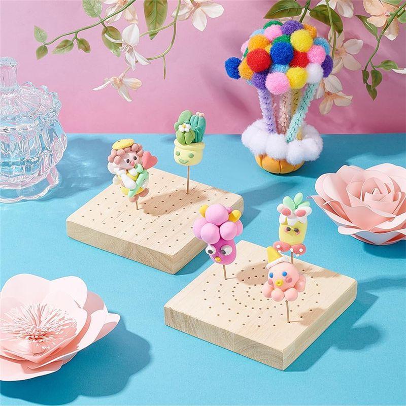 ABIY 2Pcs Mini Square 3.9X3.9 Inch Wooden Skewer Holder Pick Display Stand For Craft Pottery Clay Models, 160 Holes