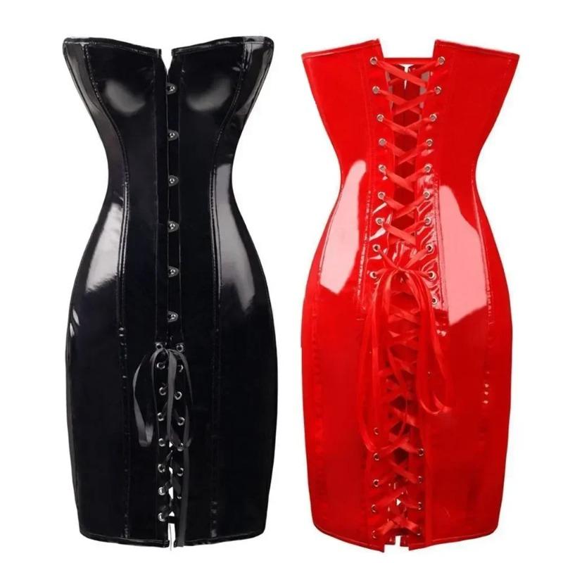 Dámské Steampunk PVC Korzetové Šaty PU Kůže Overbust Bustier Pas Trenér Noční Klub Bez Ramínek Bodycon Šaty