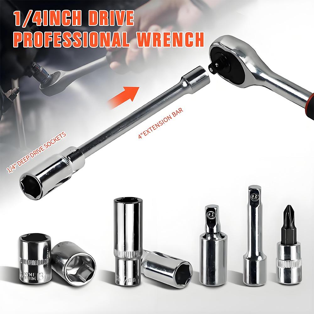 53-Piece Auto Repair Kit with 1/4 Inch Ratcheting Wrench and Carbon Steel Socket Hard Case Box Storage for Car Repair Tools