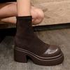 Dameskoletter Plattform Nye 2024 Tykksålede Blokkhæler Kort Støvlett For Damer Mote Flokk Svarte Høst Vinter Sko Kvinne