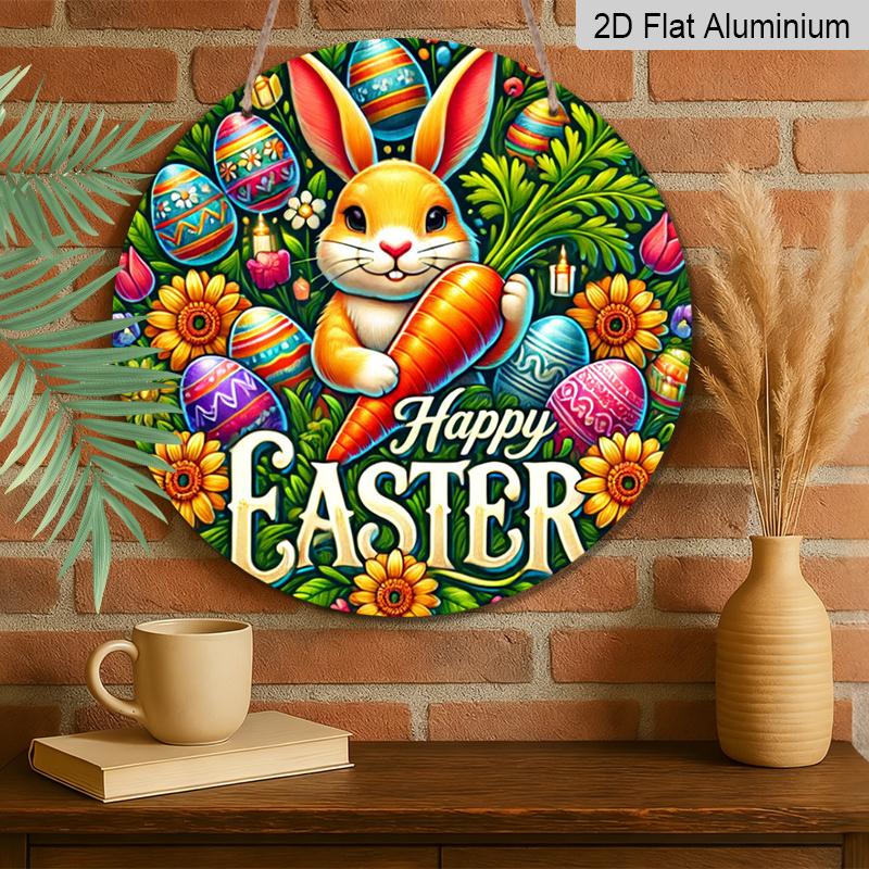 2D Flat 1pc Vintage Easter Bunny Metal Sign, Round Aluminium Door Mount Decor, 8x8 in, Farmhouse Style Wall Art for Home, Room, Street, Shop, Garage