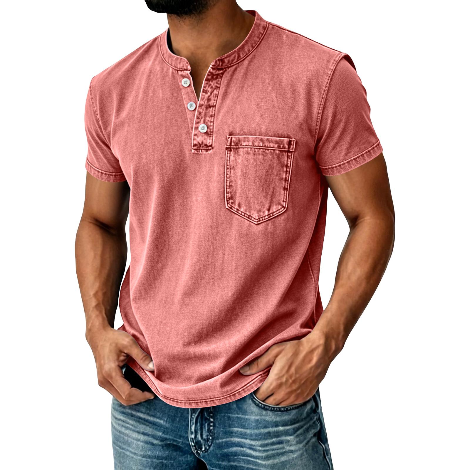 BILIBILIGAME Heren Henley T-shirt met korte mouwen en borstzak, casual pasvorm, knoopsluiting, katoenen top XXL roze