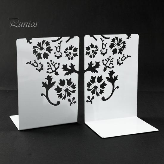 L-shaped Bookend 2PCS Metal Bookends, L-Shaped Reinforced Support Book Holder, with Non-Slip Flower Pattern Pads, Hollow Floral Design for Bookshelves