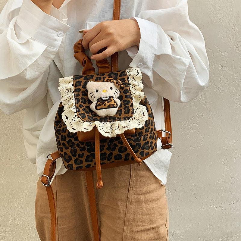 Girls Backpack Retro Leopard Print Boys And Girls Small Schoolbag Sweet Lace Cute Kitten Children'S Backpack