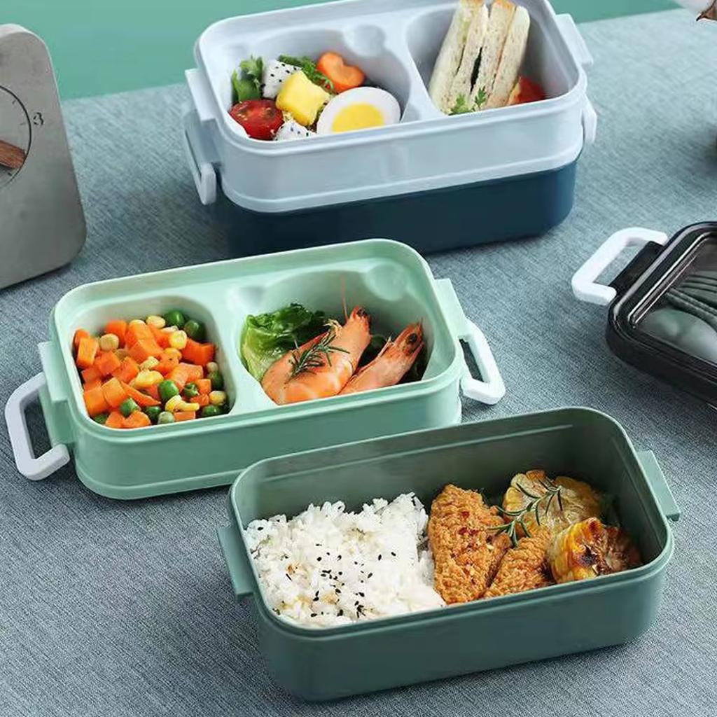 Food Grade Plastic Lunch Box 2 Layer Bento Box Microwave Safe with Utensils for Car