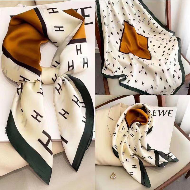 High-End Women's Lightweight Silk Square Scarf - Temperament Print Neckerchief for Neck Protection and Decoration.