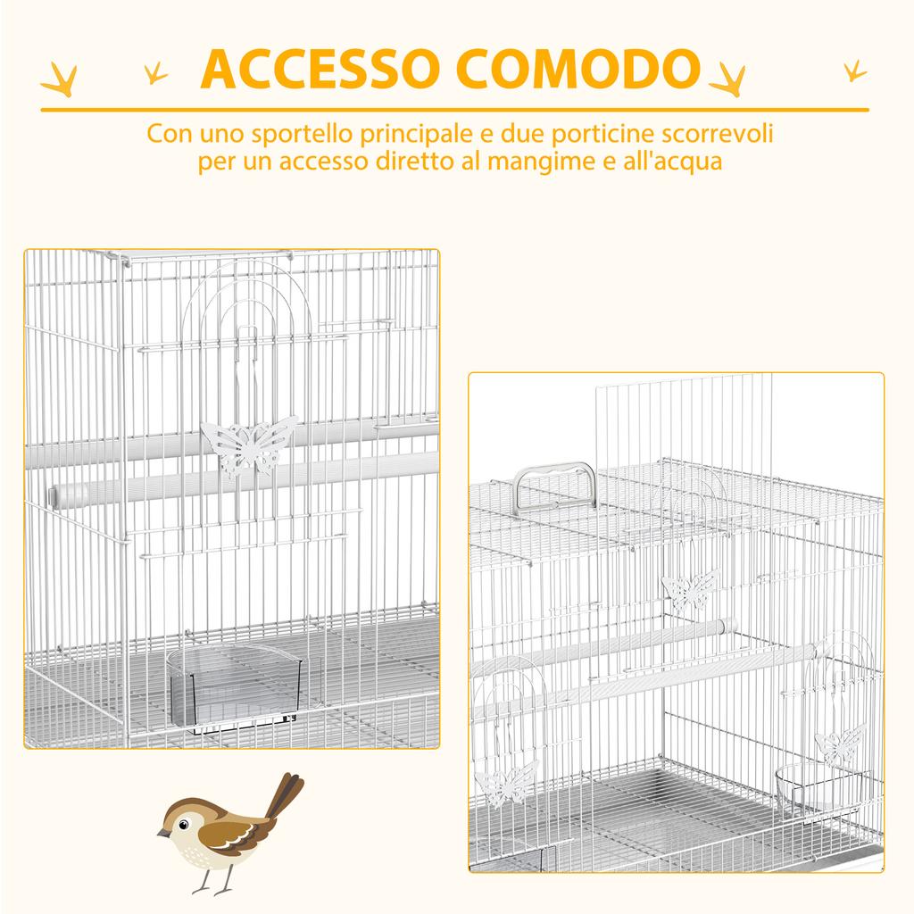 Metal Bird Cage with Perches, Food Bowls and Handle, 60x41x41cm