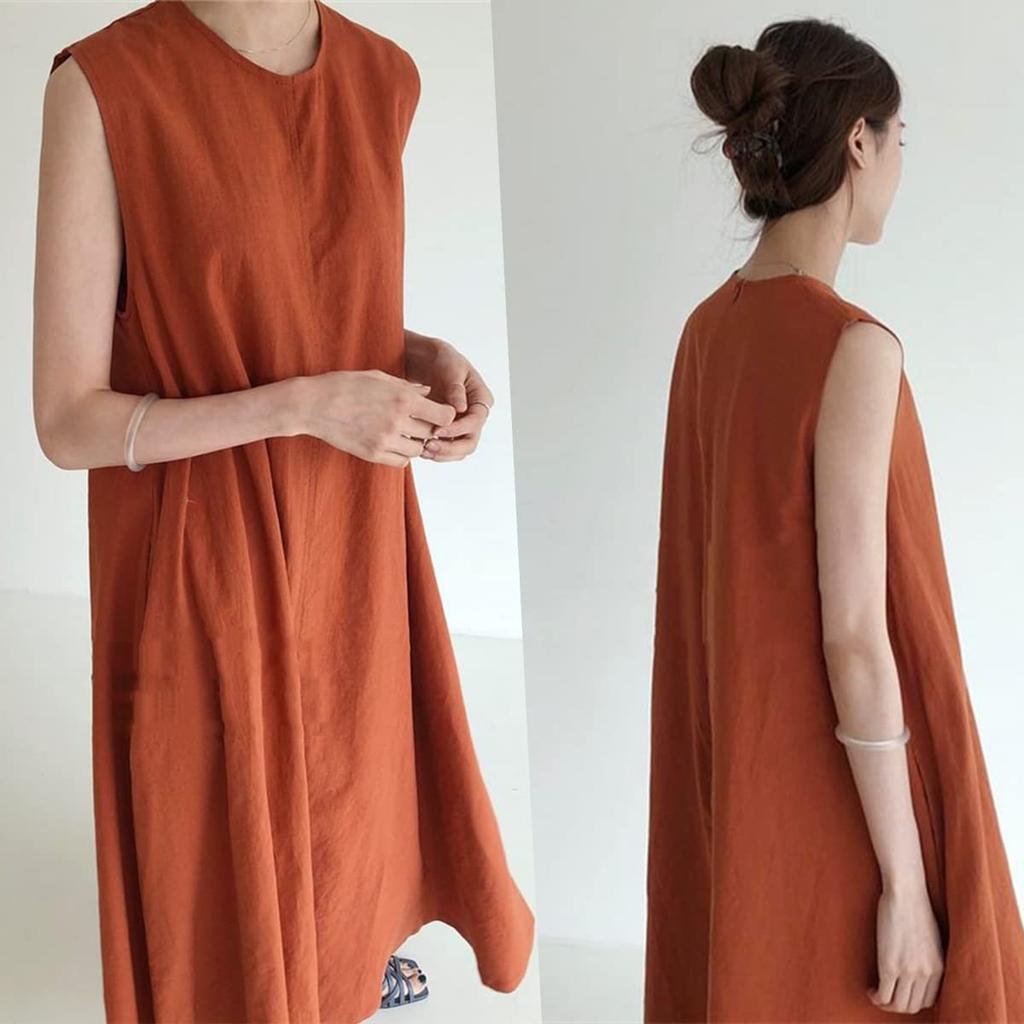 Summer Solid Plus Crew Super Mori Girl Style [DAY CLOTHDaycloth] Women's Cotton-Linen Dress, Color, Zippered, Sleeveless, Flattering, Sizes, Neck,