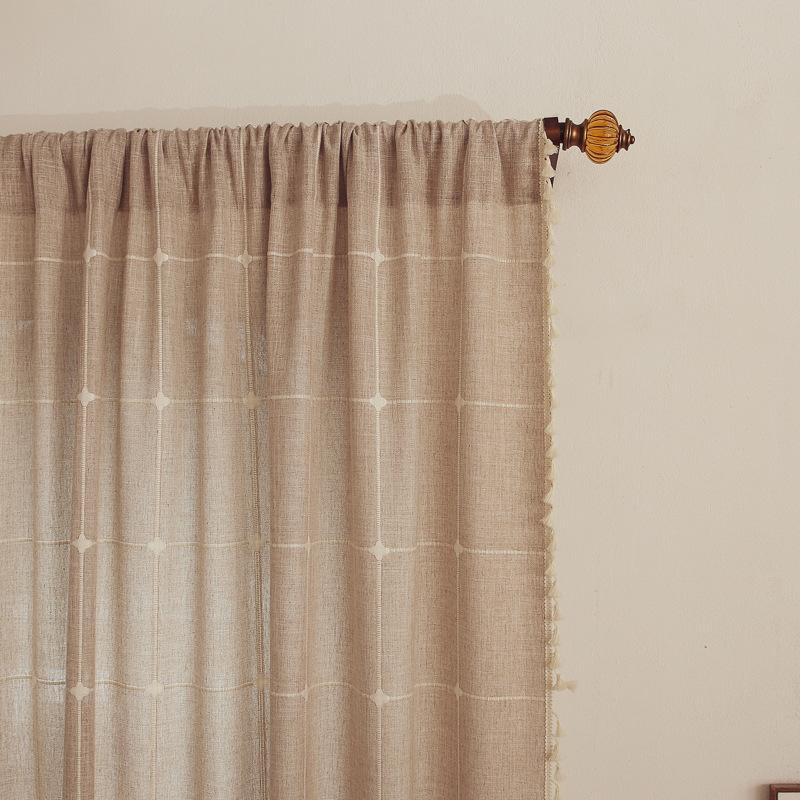 Grey Curtain Finished Product Embroidery Cotton And Linen Solid Color Plaid Coffee Insulation Living Room Kitchen Set Rod Partition Curtain