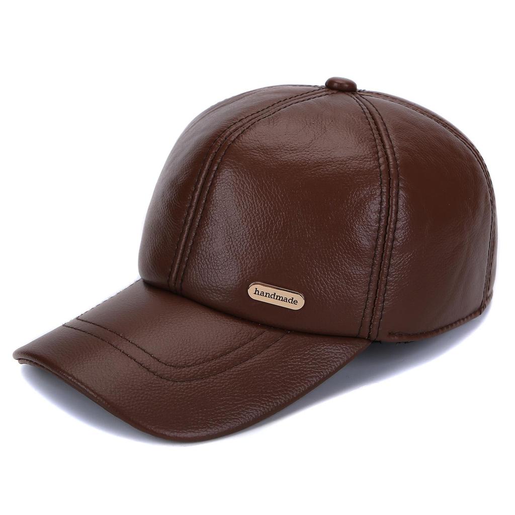 Genuine Leather Cowhide Baseball Cap with Ear Flaps, Adjustable Fleece-Lined Winter Duckbill Hat for Middle-Aged and Elderly Men.