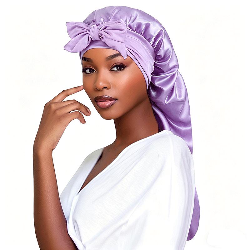 Satin Bow Tie Long Stocking Nightcap Headscarf for Long Hair Protection