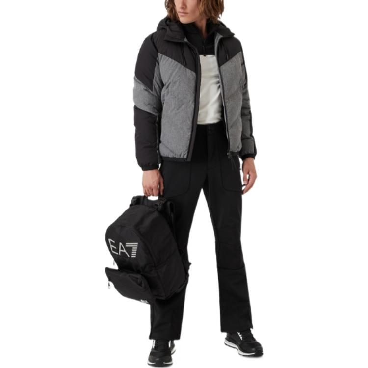 Emporio Armani FW22 Color Block Logo Print Zipper Hooded Cotton Jacket Men Jackets Gray Black 6LPB21-PN1BZ-1977